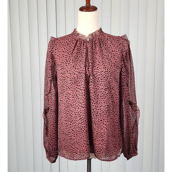 Loft Animal Print Ruffle Sleeve Blouse Front Keyhole Rose Black Size Small New - Picture 1 of 11
